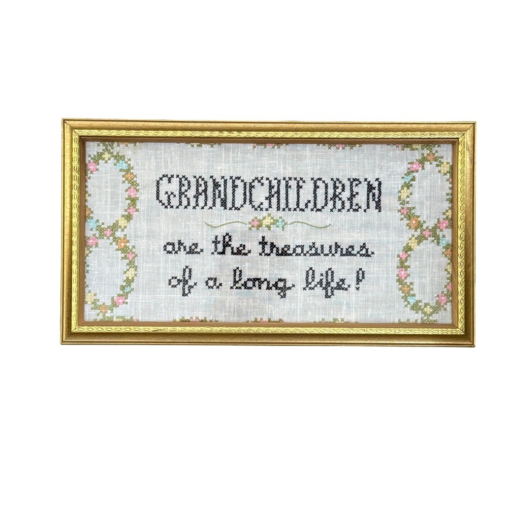 Vintage Grandchildren Treasures of a Long Life Framed Cross Stitch Sampler Art